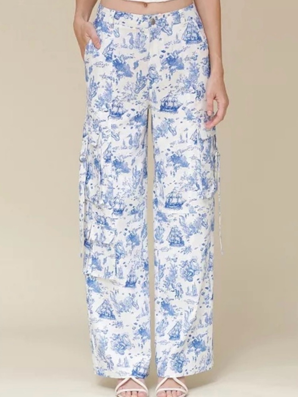 NWT Avec Les Filles High-rise Linen-Rayon Print Wide Leg Cargo Pants, Large